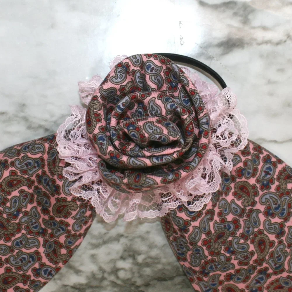 HAND CRAFTED Hair Scrunchy Bow Pink Paisley Floral Upcycled Men's Silk Necktie